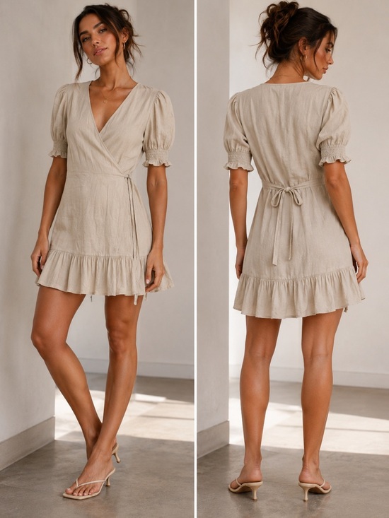 ANTONIO MELANI Dresses & Skirts - ANTONIO MELANI Beige Wrap Mini Dress with Puff Sleeves